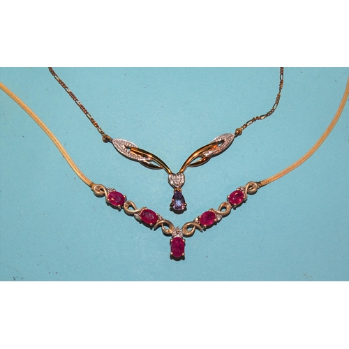 288 - A 9ct gold necklet set five oval-cut rubies with diamond points, 46cm and another set amethyst and d... 