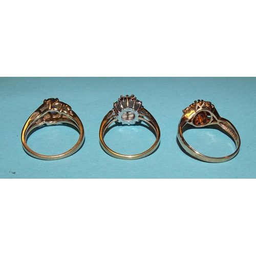 316 - Three 9ct gold cluster rings set diamond points and other gems, sizes M-P, 8.3g.