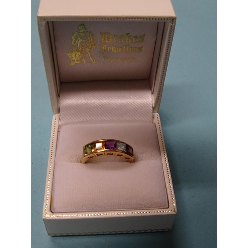 339 - A 9ct gold rainbow ring set gemstones, size N, 1.9g, (boxed).