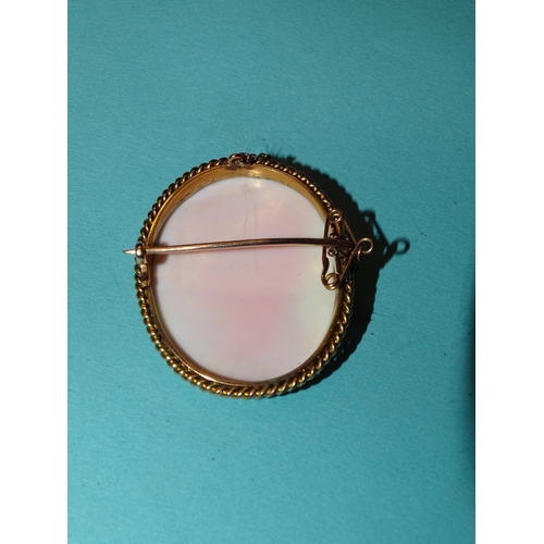 353 - A shell cameo brooch depicting Flora, in unmarked gold rope-twist mount, tests as 18ct gold approxim... 