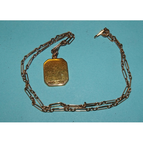 369 - A 14k gold pendant with raised Chinese character, on 9ct gold fetter-link chain, 42.5cm, total weigh... 