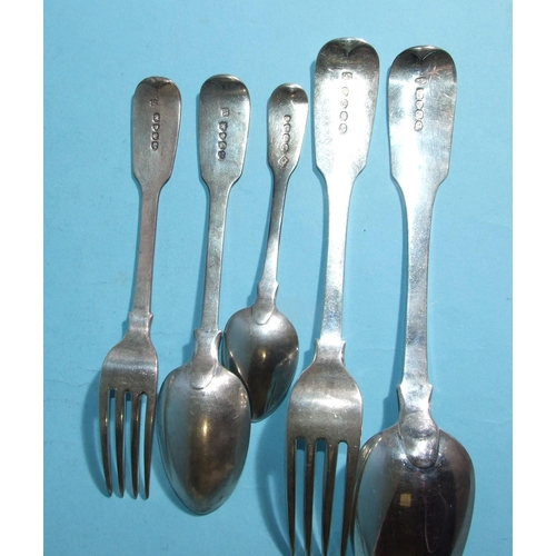 569 - A collection of fiddle pattern flatware: sixteen table forks, twelve dessert spoons, five dessert fo... 