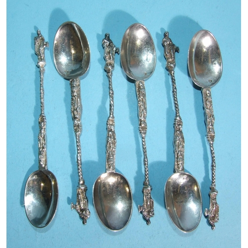 570 - A set of six Continental apostle-type coffee spoons, with import and other marks, ___2.5oz.... 