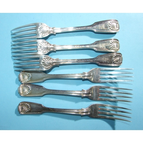 576 - A set of six fiddle, thread and shell dessert forks, maker GA, London 1851, ___11.5oz.... 