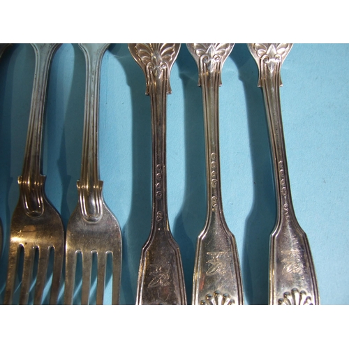 576 - A set of six fiddle, thread and shell dessert forks, maker GA, London 1851, ___11.5oz.... 