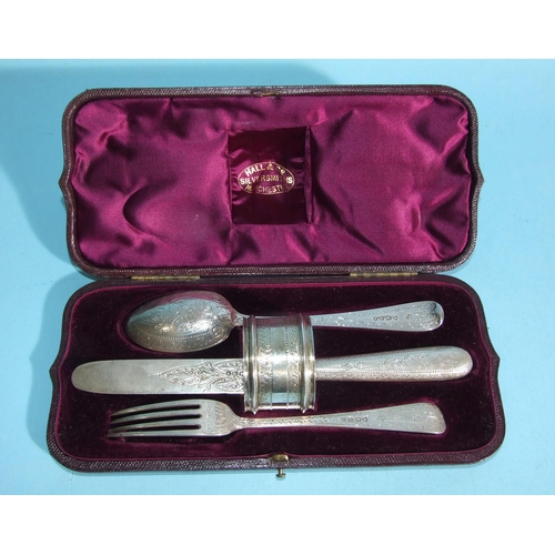 578 - A Victorian four-piece silver christening set, including napkin ring, with overall bright-cut engrav... 