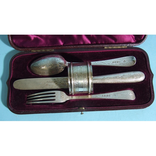 578 - A Victorian four-piece silver christening set, including napkin ring, with overall bright-cut engrav... 