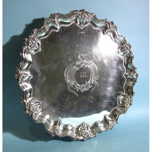 591 - A late-Victorian Walker & Hall silver salver with floral and scroll-work border and engraved ini... 