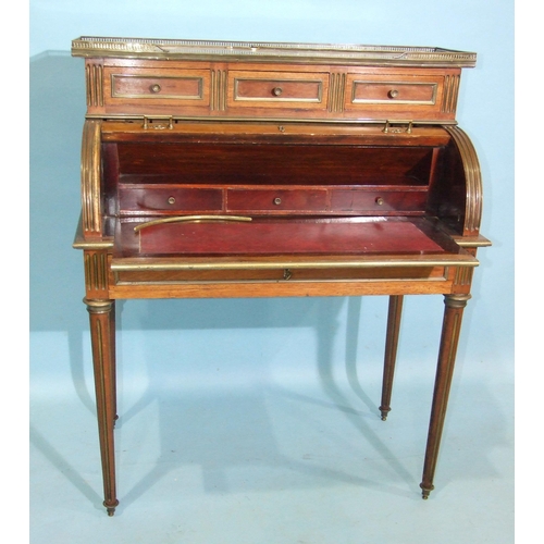 77 - A late-19th/early-20th century French ladies' cylinder bureau with marble galleried top, fitted inte... 