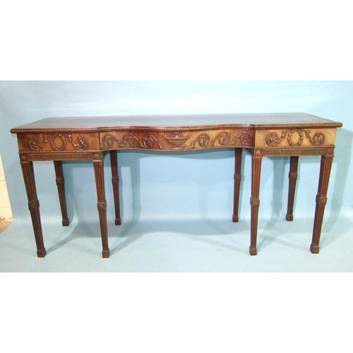 83 - An Adams-style mahogany serpentine serving table of long narrow form, the top with beaded borders ab... 