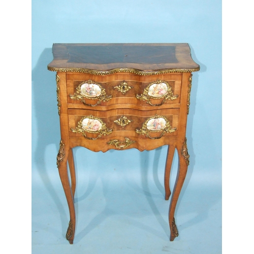 89 - A late-19th century walnut cross-banded two-drawer side table, having two inverted breakfront drawer... 