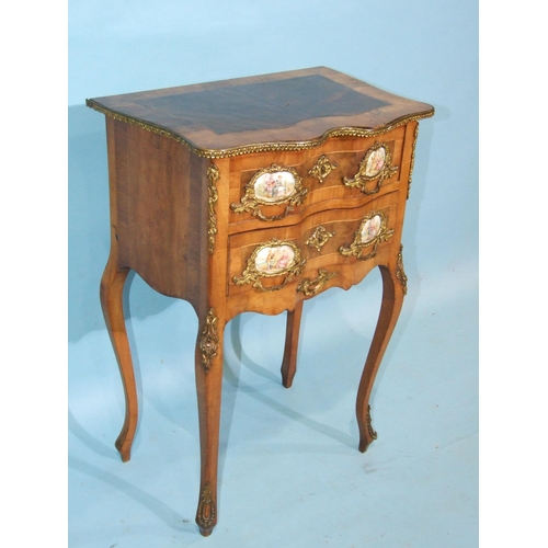 89 - A late-19th century walnut cross-banded two-drawer side table, having two inverted breakfront drawer... 