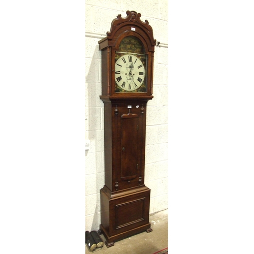 120 - A 19th century mahogany long case clock, with arched painted dial, calendar and second subsidiaries,... 