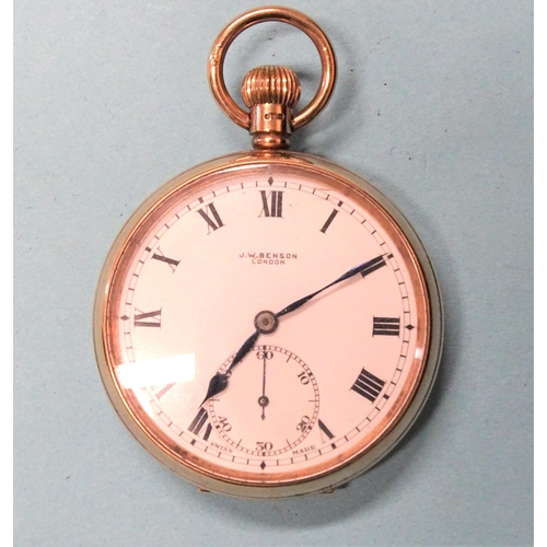 170 - J W Benson, a 9ct gold-cased open-face keyless pocket watch, the white enamel dial with Roman numera... 