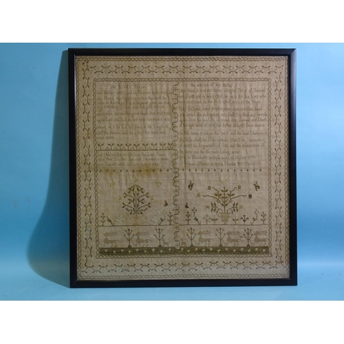 142 - A late-18th century needlework sampler, the wide border enclosing religious texts, the lower part wi... 