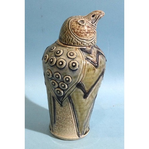 156 - Jenny Hale, a glazed pottery baluster vase, the cover in the form of a bird's head and beak, 18cm hi... 