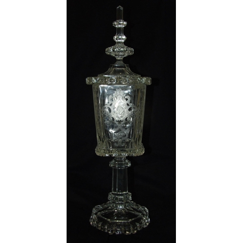 162 - A 19th/20th century etched and cut-glass pedestal vase and cover, the finialled lid above a tapered ... 