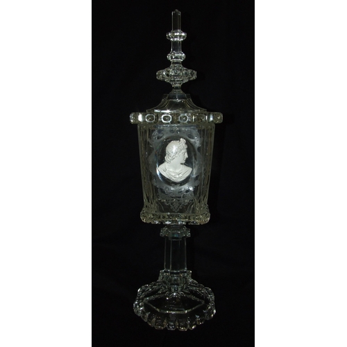 162 - A 19th/20th century etched and cut-glass pedestal vase and cover, the finialled lid above a tapered ... 