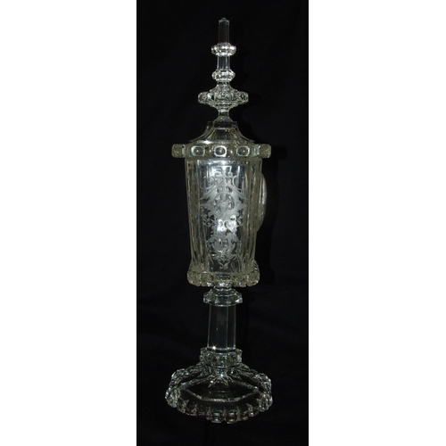 162 - A 19th/20th century etched and cut-glass pedestal vase and cover, the finialled lid above a tapered ... 