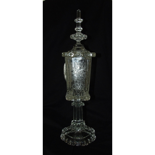 162 - A 19th/20th century etched and cut-glass pedestal vase and cover, the finialled lid above a tapered ... 