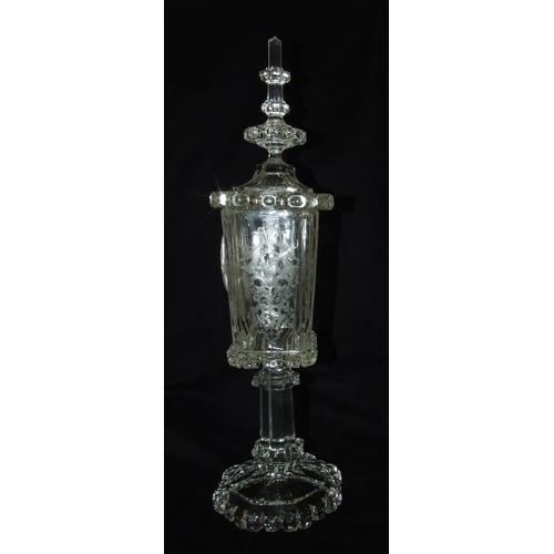 162 - A 19th/20th century etched and cut-glass pedestal vase and cover, the finialled lid above a tapered ... 