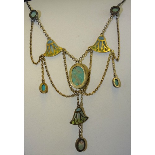 292 - An early-20th century Egyptian Revival silver-gilt plique-à-jour necklace millegrain-set six blue st... 