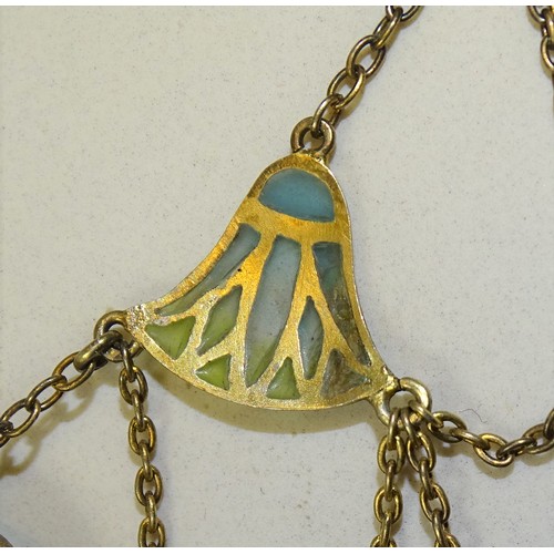 292 - An early-20th century Egyptian Revival silver-gilt plique-à-jour necklace millegrain-set six blue st... 