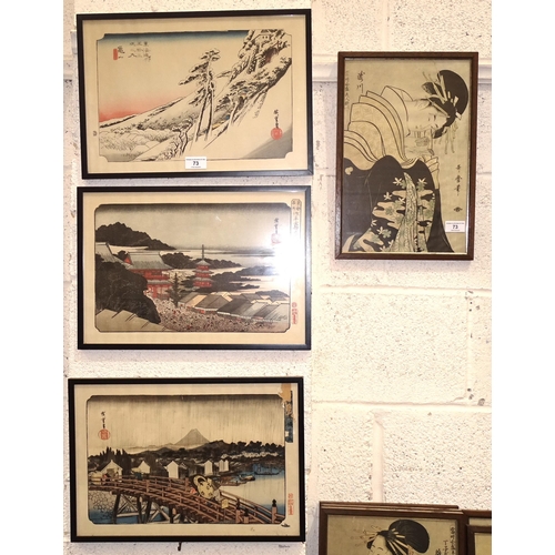 73 - A collection of eighteen 'late' Japanese coloured prints, 27 x 39cm.