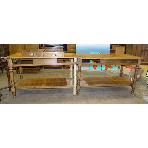 71 - A modern stained wood kitchen centre work table with four through-sliding drawers, the two-part top ... 