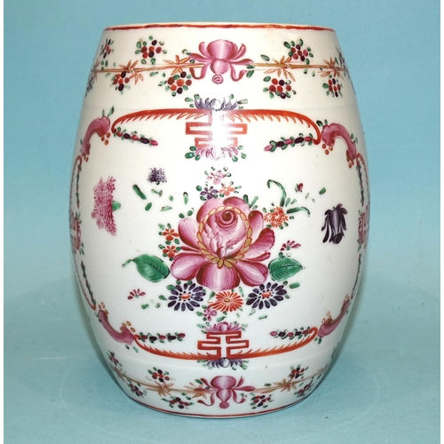 101 - Chinese 18th century, a large famille rose barrel-shaped tankard, 16.5cm high, (slight rim bruise).... 