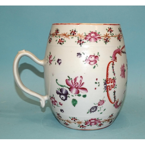 101 - Chinese 18th century, a large famille rose barrel-shaped tankard, 16.5cm high, (slight rim bruise).... 