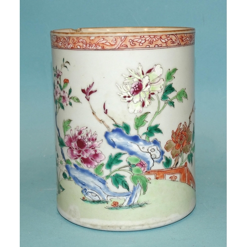 103 - Chinese 18th century, a large famille rose mug, 14cm high, (rim chip).