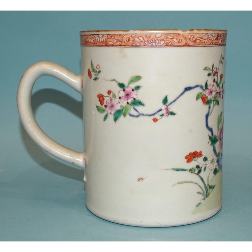 103 - Chinese 18th century, a large famille rose mug, 14cm high, (rim chip).