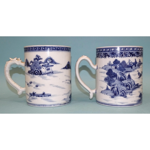 105 - Chinese 18th century, two similar blue and white Nankin tankards decorated with landscape scenes, 13... 