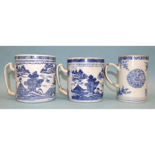 107 - Chinese 18th century, two blue Canton export tankards with crossover handles, 11.5cm and 11cm high a... 