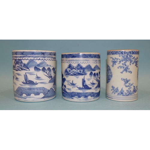 107 - Chinese 18th century, two blue Canton export tankards with crossover handles, 11.5cm and 11cm high a... 