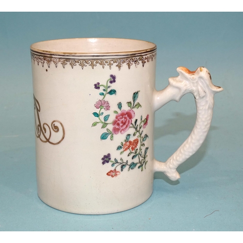 108 - Chinese 18th century, a rare famille rose export European subject tankard with a bedside interior sc... 