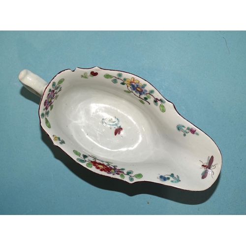 114 - A Worcester moulded famille rose sauce boat, 6cm high, 15cm long, (chip and rim restoration).... 