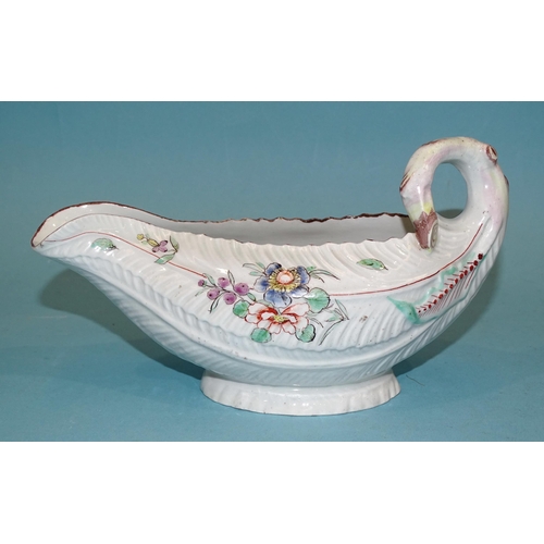 118 - A Worcester 'cos lettuce' moulded sauce boat with famille-rosed decoration, 10cm high, 18.5cm long.... 