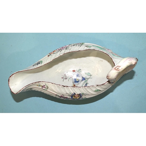 118 - A Worcester 'cos lettuce' moulded sauce boat with famille-rosed decoration, 10cm high, 18.5cm long.... 