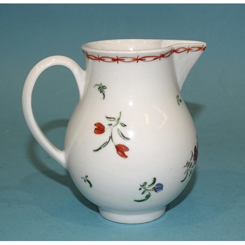 121 - A Bristol famille rose cream jug, 9cm high, (tiny chip to spout tip).