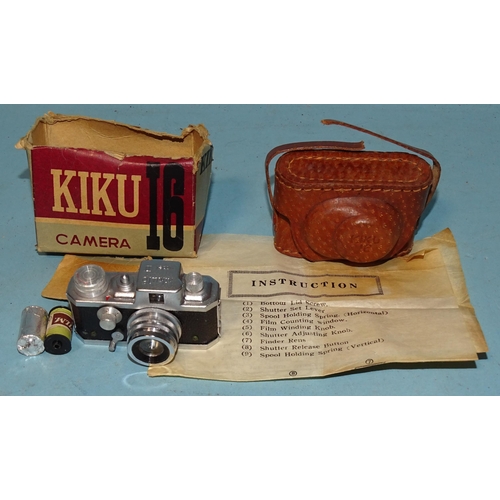 159 - A Kiku 16 sub-miniature camera, in leather case, with two films, instructions and original cardboard... 