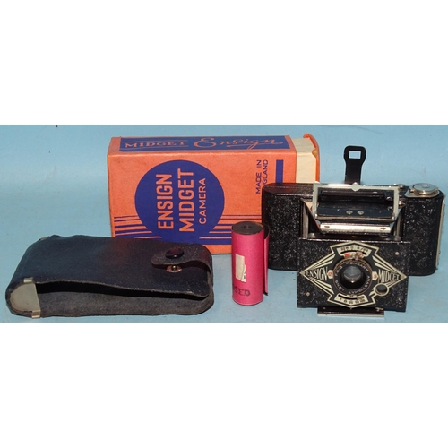 160 - An Ensign Midget camera with instructions, film, leather case and original box.