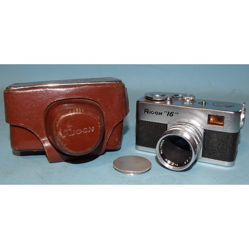 169 - A Ricoh 16 sub-miniature camera, with Riken Ricoh f2.8 2.5cm lens, in leather case, (shutter working... 