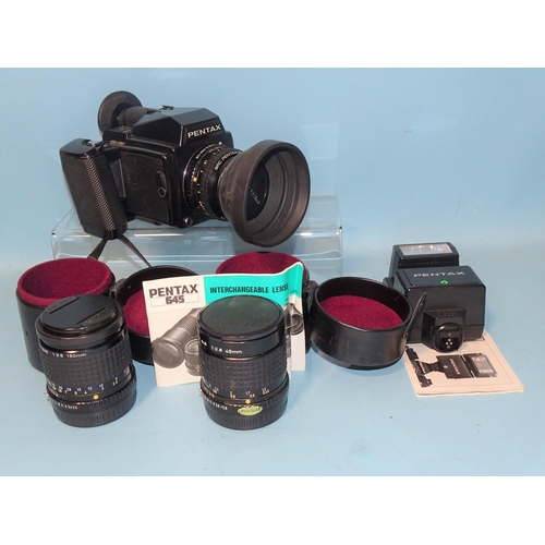 198 - A Pentax 645 camera, serial no.907300, with SMC Pentax-A 645 f2.8 75mm lens and two cased SMC Pentax... 