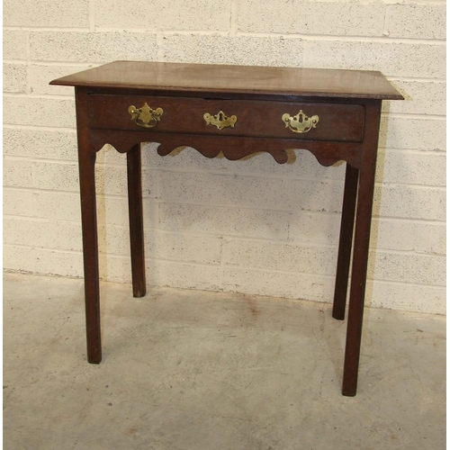 53 - An antique oak side table, having a single frieze drawer, on chamfered legs, 81cm wide, 79cm high.... 