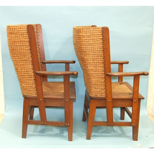 67 - A near pair of small Orkney chairs of typical construction, with drop-in cord seat and seagrass curv... 