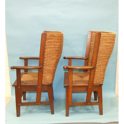 67 - A near pair of small Orkney chairs of typical construction, with drop-in cord seat and seagrass curv... 