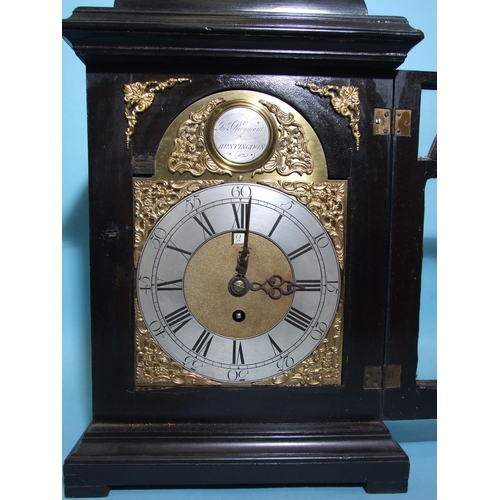 80 - JOHN RAYMENT, HUNTINGDON. A MID-18TH CENTURY EBONISED INVERTED BELL-TOP BRACKET CLOCK, the case surm... 