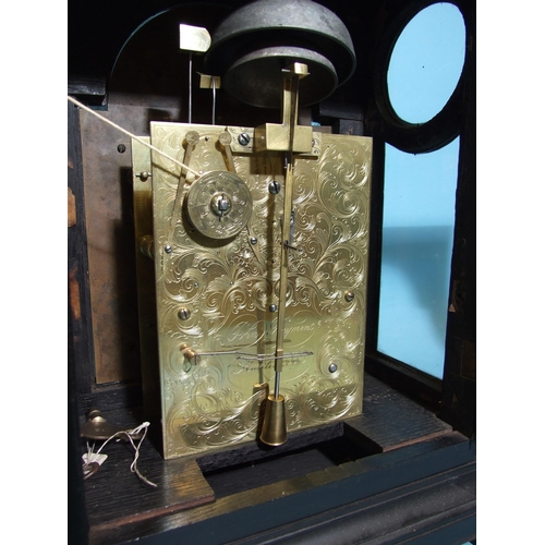 80 - JOHN RAYMENT, HUNTINGDON. A MID-18TH CENTURY EBONISED INVERTED BELL-TOP BRACKET CLOCK, the case surm... 